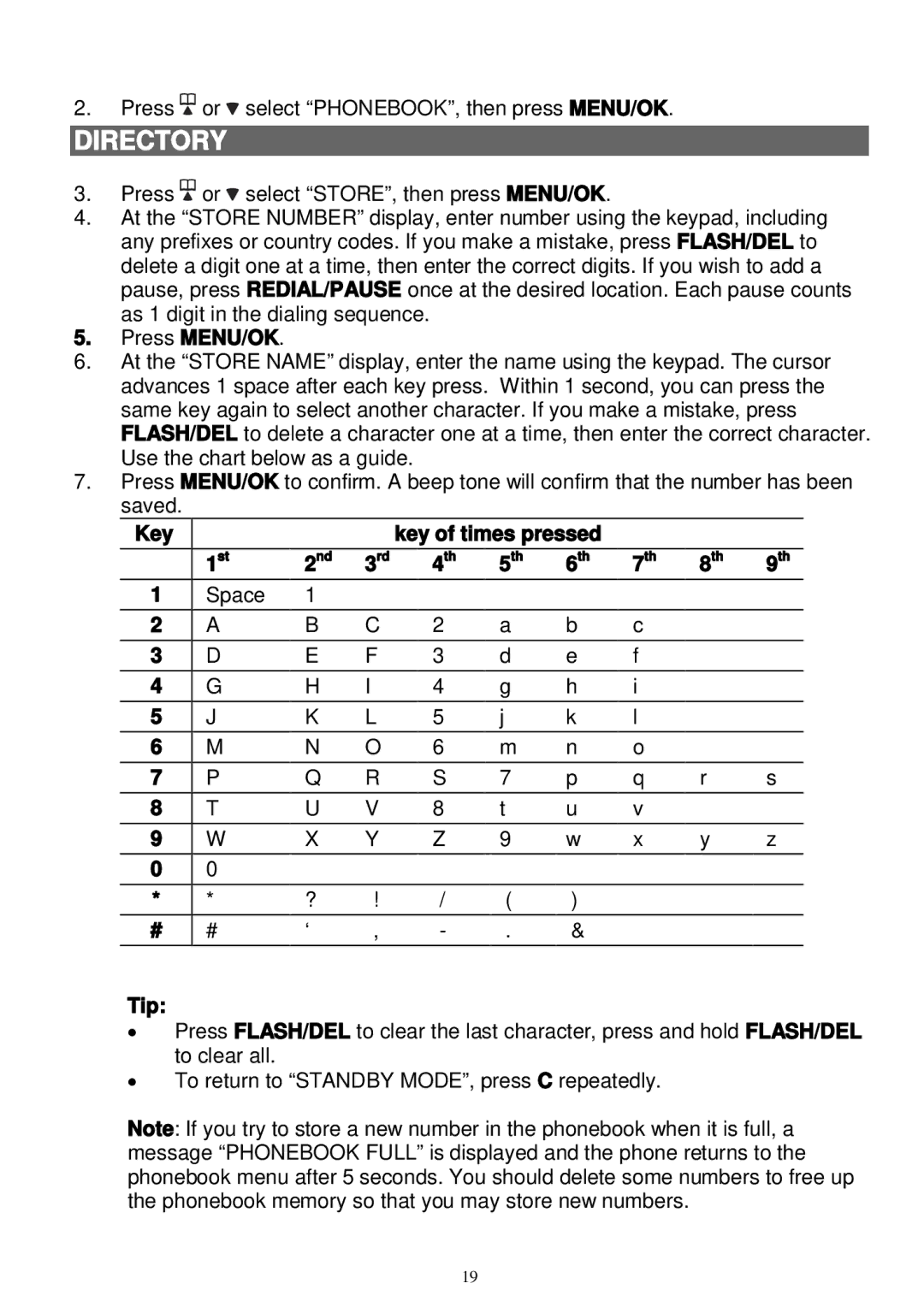 Sanyo LNS-W10 instruction manual Key Key of times pressed, Tip 