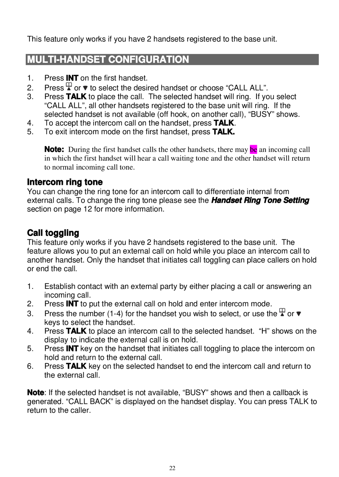 Sanyo LNS-W10 instruction manual Intercom ring tone, Call toggling 