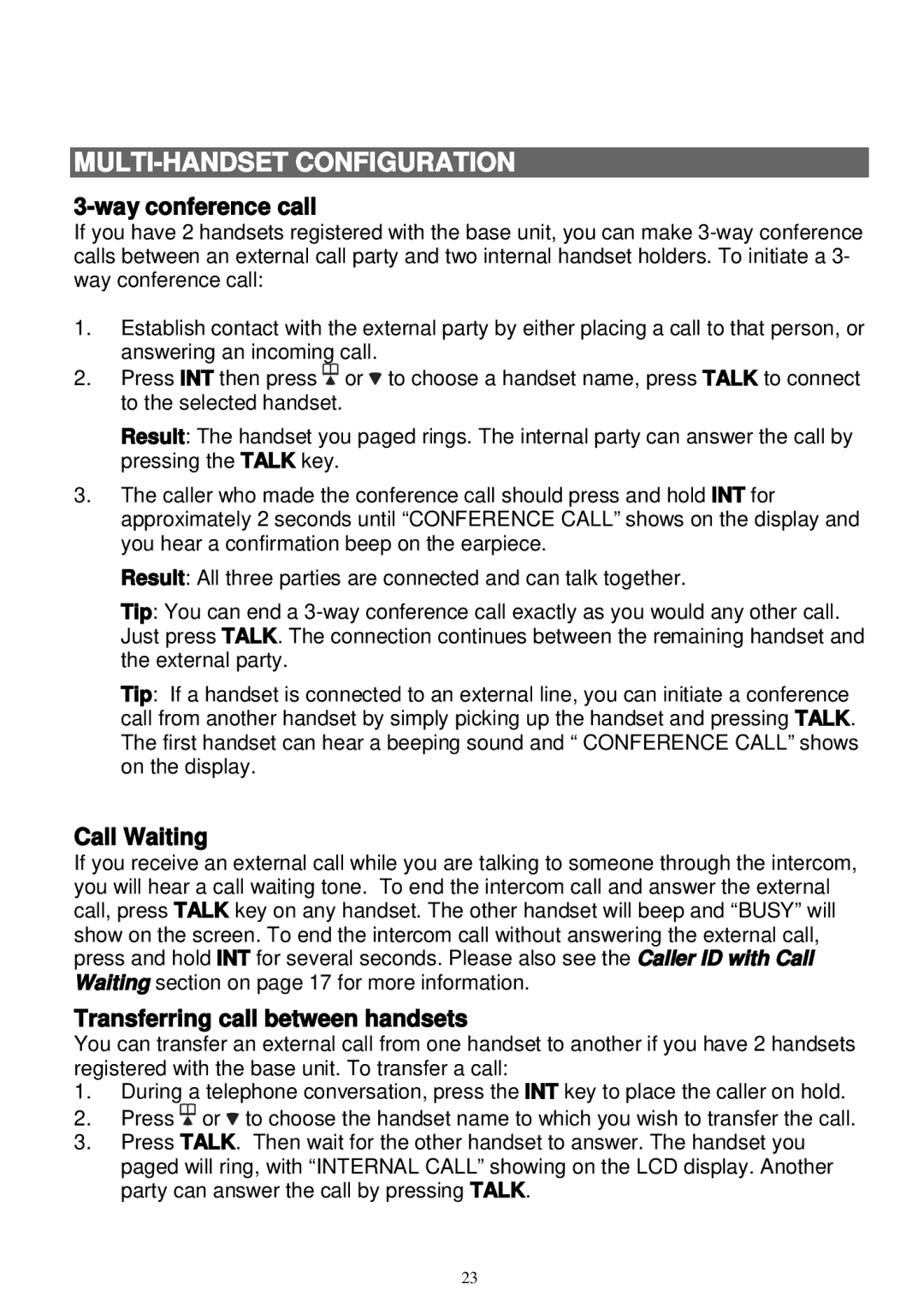 Sanyo LNS-W10 instruction manual Way conference call, Call Waiting, Transferring call between handsets, INT for 