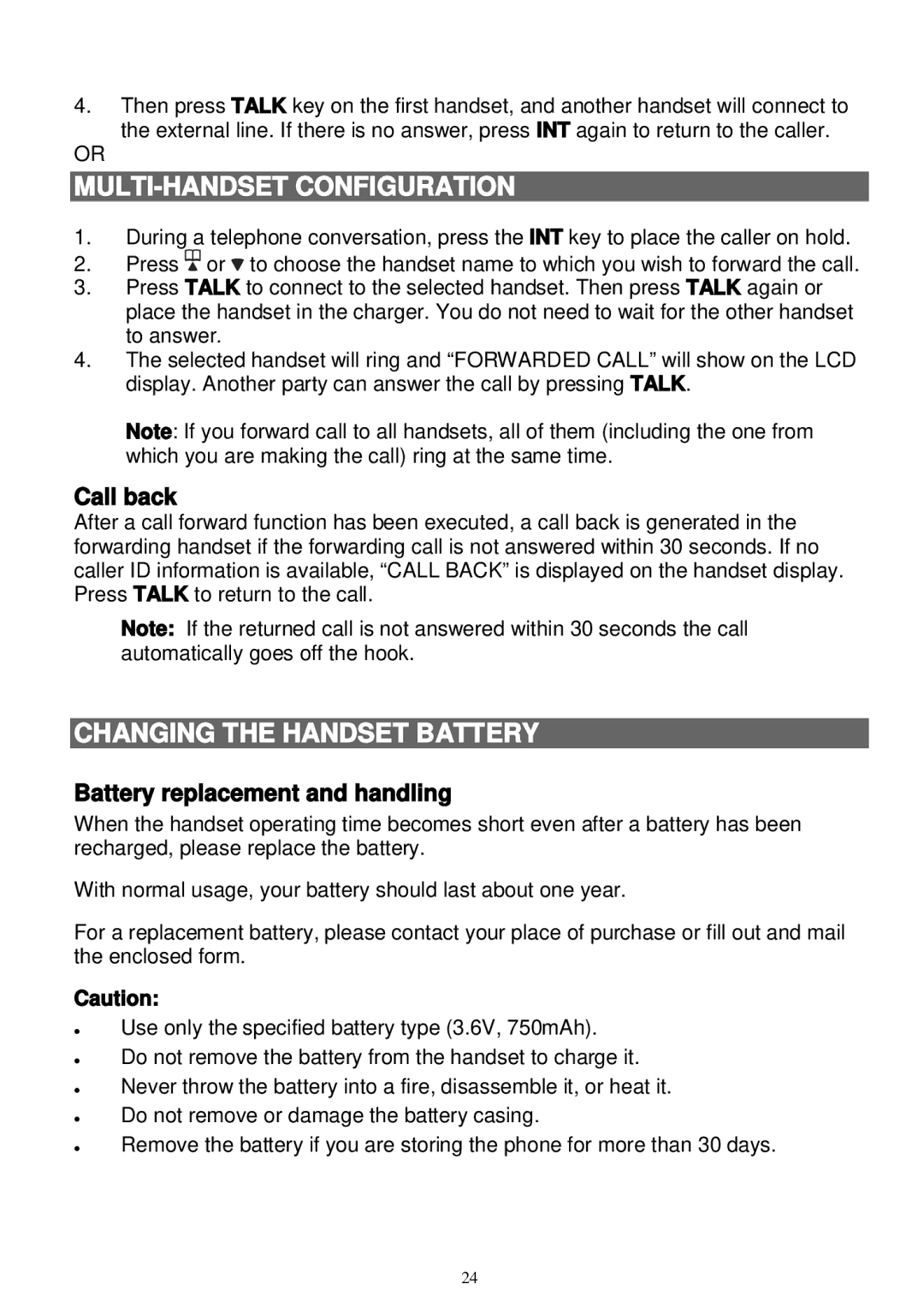 Sanyo LNS-W10 instruction manual Changing the Handset Battery, Call back, Battery replacement and handling 