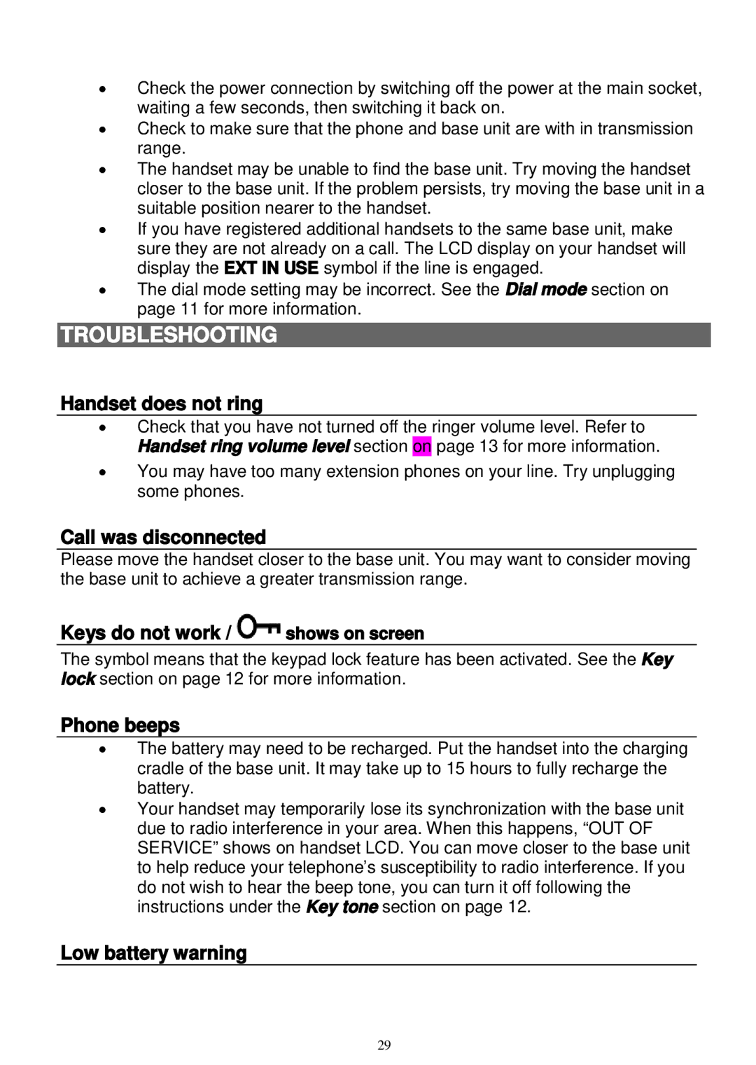 Sanyo LNS-W10 instruction manual Handset does not ring, Call was disconnected, Keys do not work, Phone beeps 