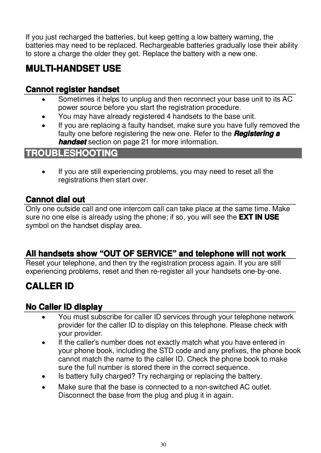 Sanyo LNS-W10 instruction manual Cannot register handset, Cannot dial out, No Caller ID display 