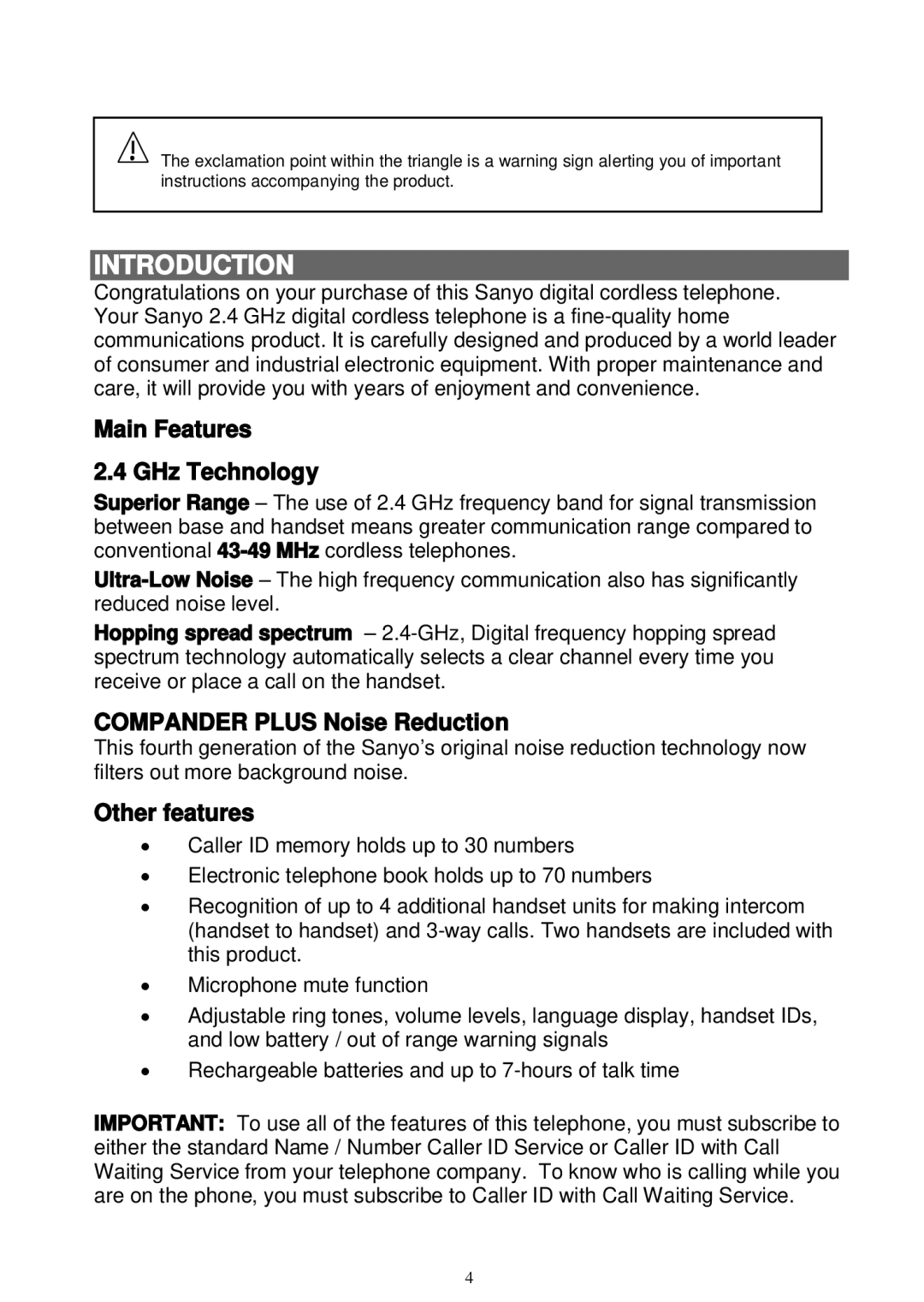 Sanyo LNS-W10 instruction manual Introduction, Main Features GHz Technology, Compander Plus Noise Reduction, Other features 