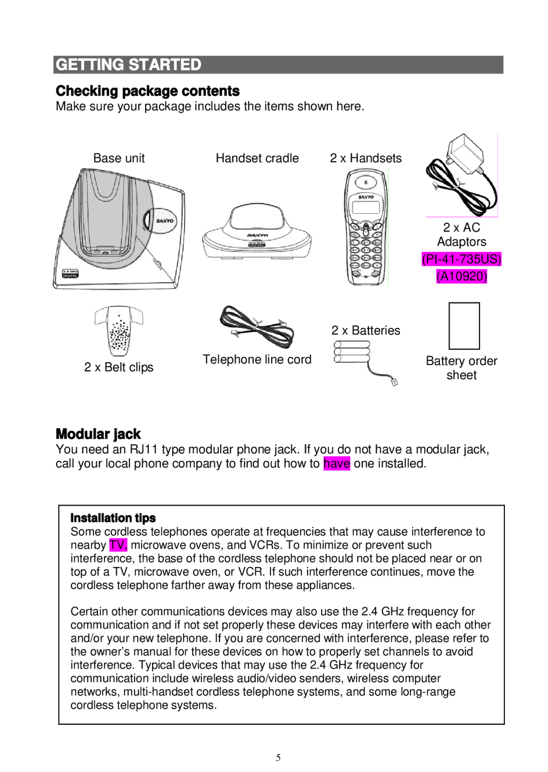 Sanyo LNS-W10 instruction manual Getting Started, Checking package contents, Modular jack 