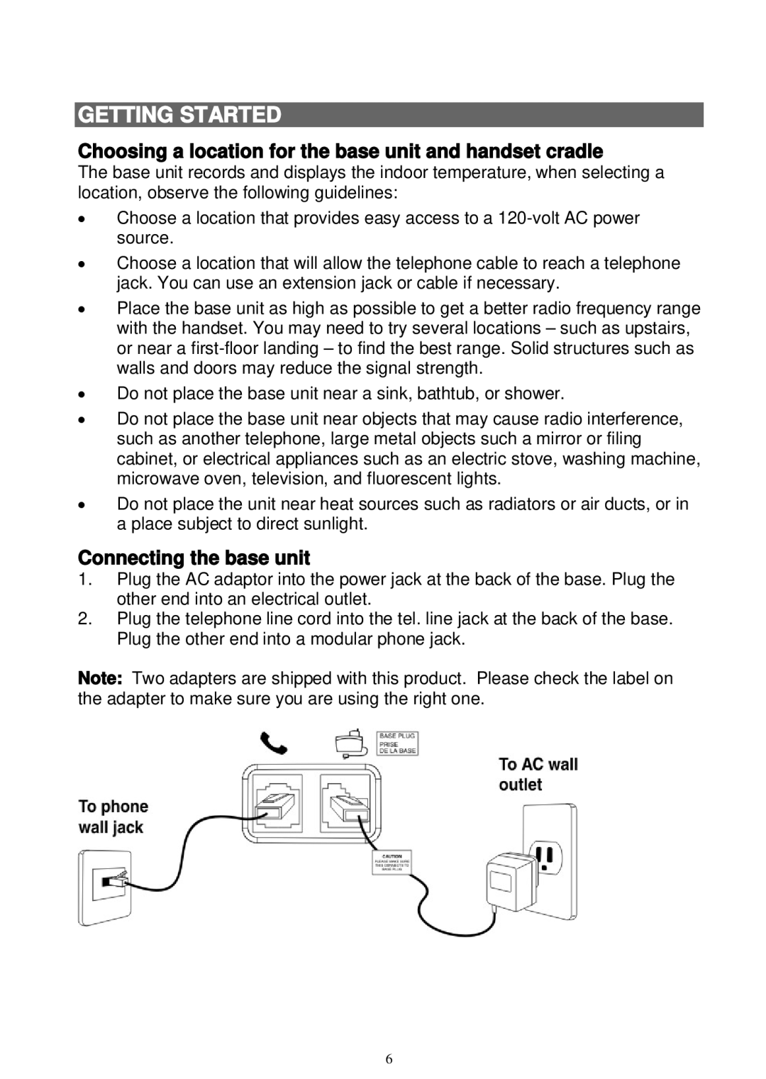 Sanyo LNS-W10 instruction manual Choosing a location for the base unit and handset cradle, Connecting the base unit 