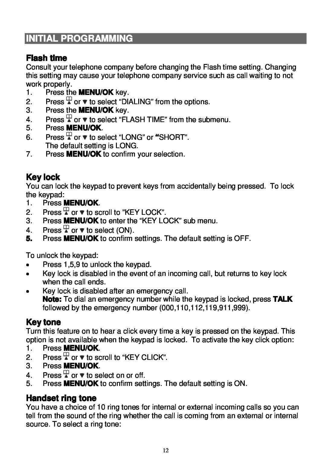 Sanyo LNS-W10 instruction manual Flash time, Key lock, Key tone, Handset ring tone, Initial Programming 