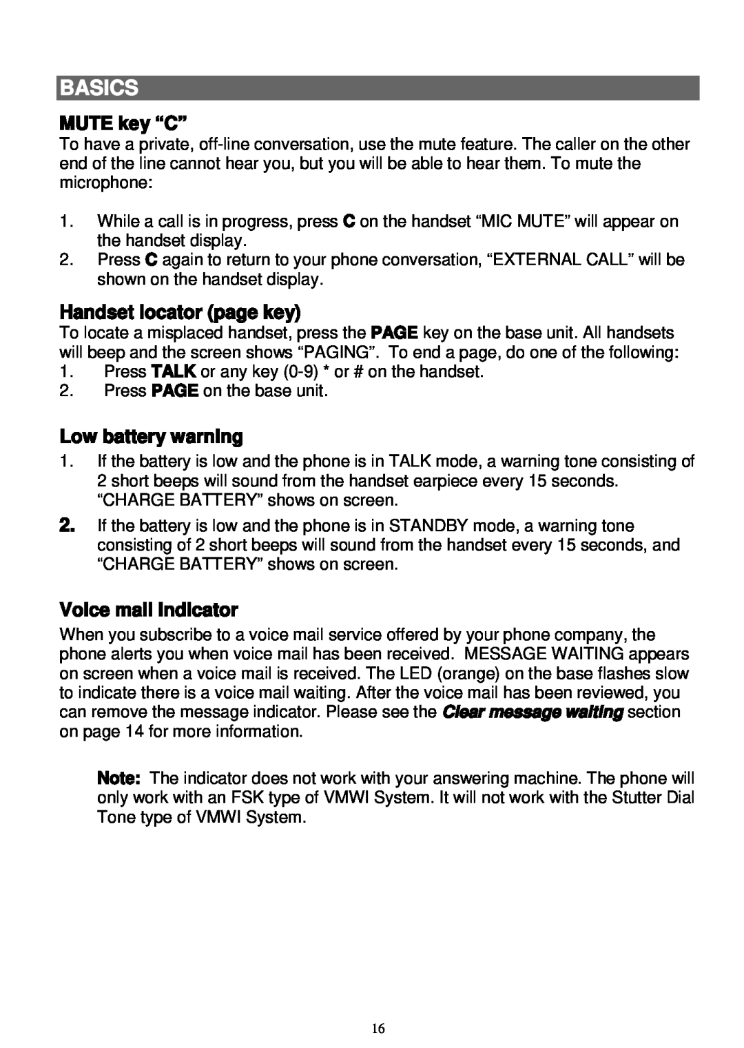 Sanyo LNS-W10 instruction manual MUTE key “C”, Handset locator page key, Low battery warning, Voice mail indicator, Basics 