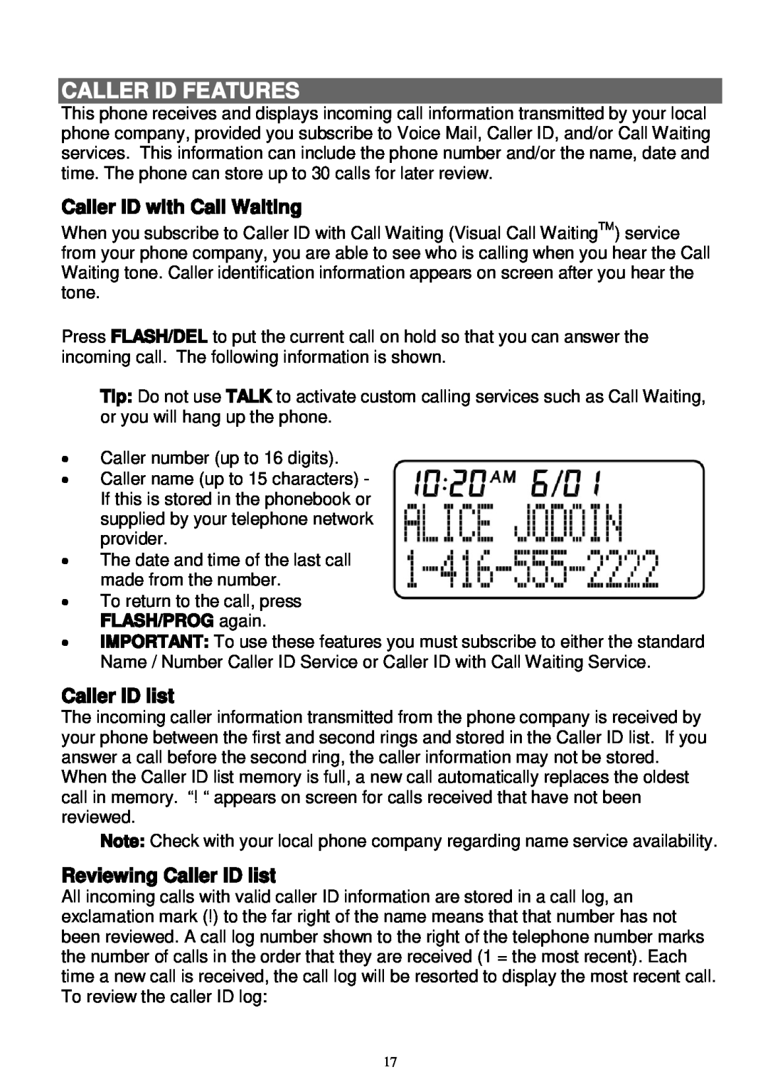 Sanyo LNS-W10 instruction manual Caller Id Features, Caller ID with Call Waiting, Reviewing Caller ID list 