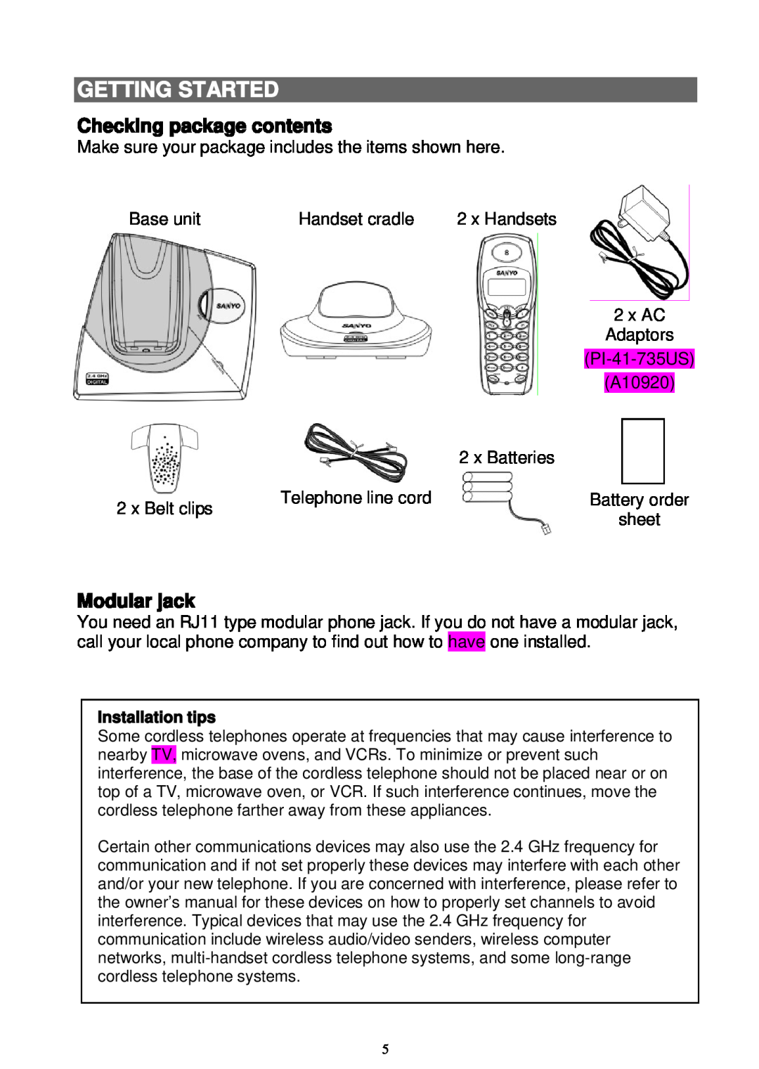 Sanyo LNS-W10 instruction manual Getting Started, Checking package contents, Modular jack, Installation tips 