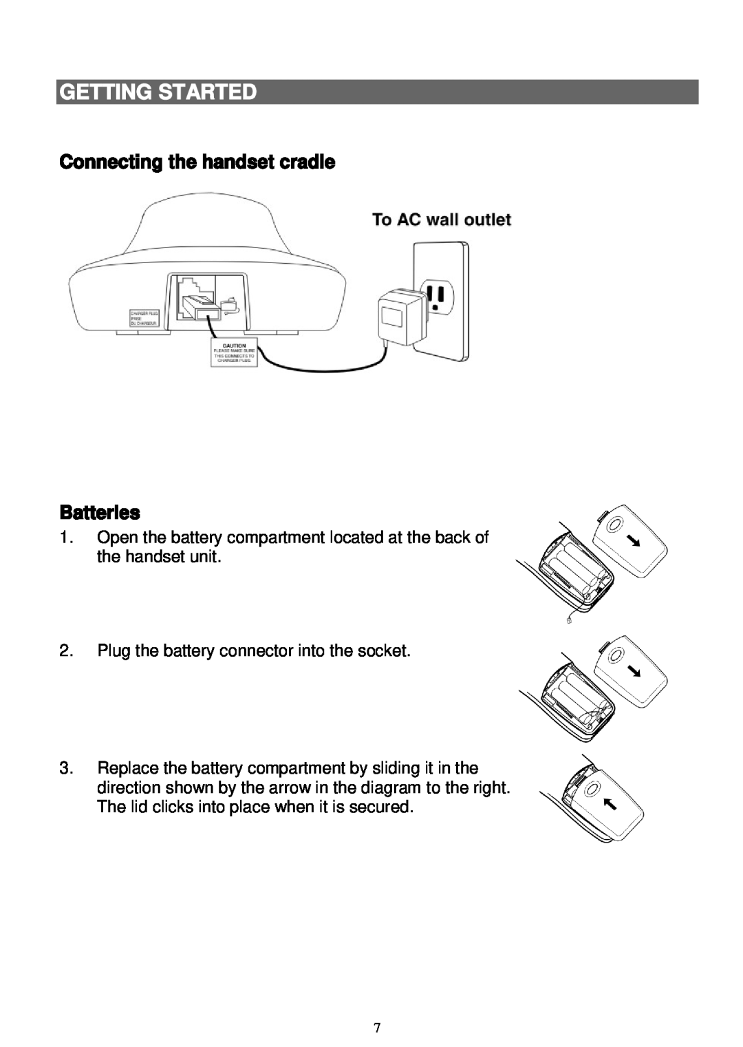 Sanyo LNS-W10 instruction manual Connecting the handset cradle Batteries, Getting Started 