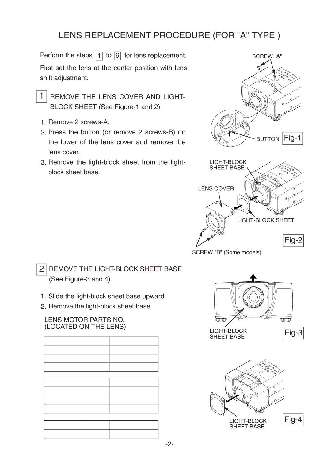 Sanyo LNS-T31A, LNS-W31A, LNS-T32 manual Lens Replacement Procedure for a Type, Fig-1, Fig-2 Fig-3, Fig-4 