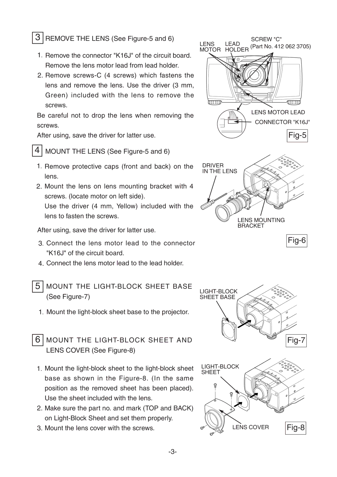 Sanyo LNS-W31A, LNS-T32, LNS-T31A manual Fig-5, Fig-6, Fig-7, Fig-8, Mount the LIGHT-BLOCK Sheet Base 