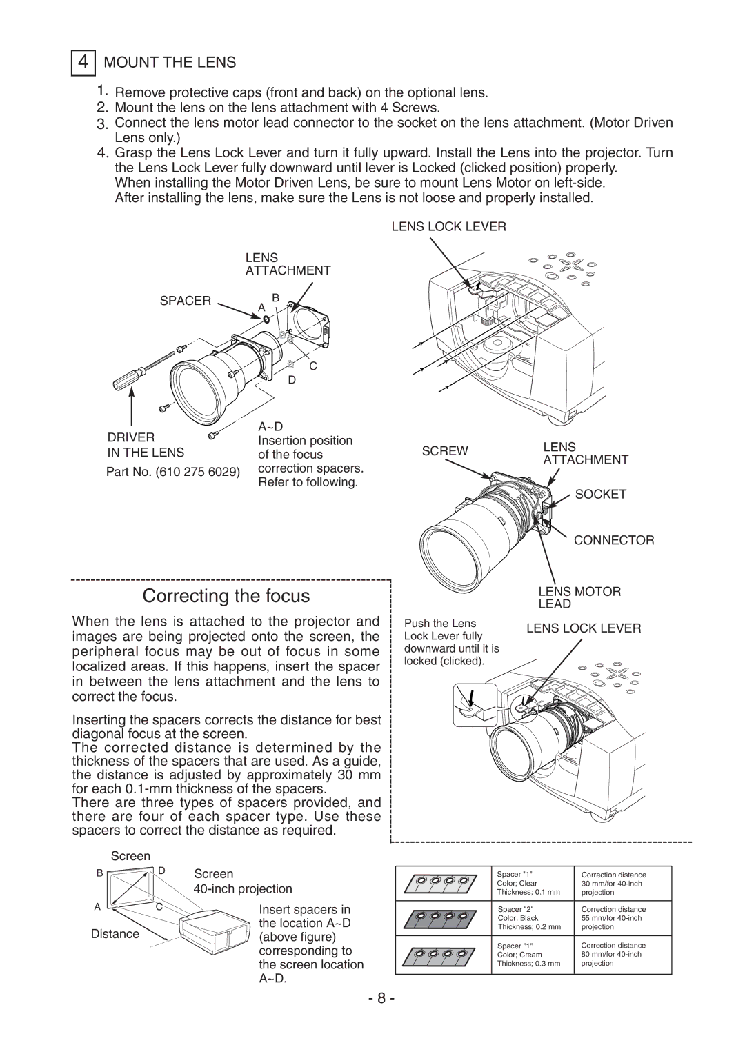 Sanyo LNS-T31A, LNS-W31A, LNS-T32 manual Correcting the focus, Mount the Lens 