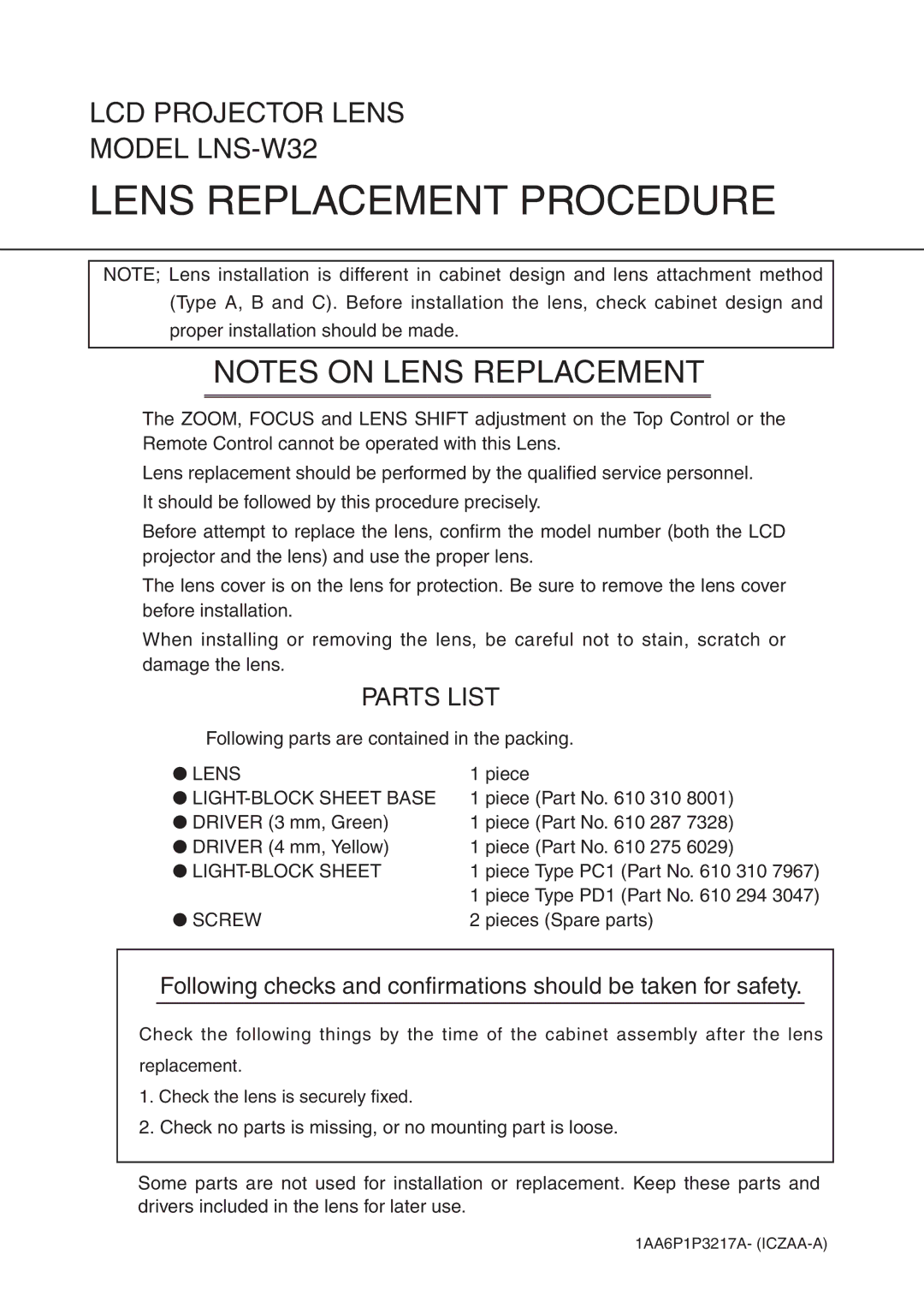 Sanyo LNS-W32 manual Parts List, Lens, LIGHT-BLOCK Sheet Base, Screw 