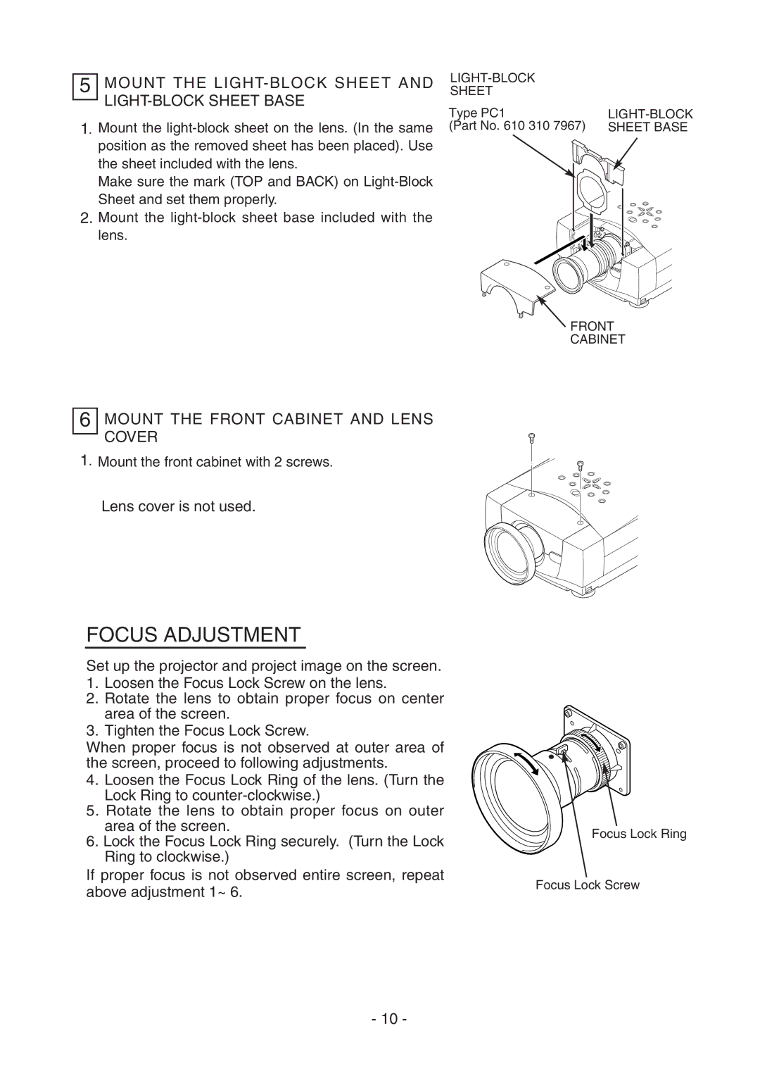 Sanyo LNS-W32 manual Mount the LIGHT-BLOCK Sheet and LIGHT-BLOCK Sheet Base, Mount the Front Cabinet and Lens Cover 