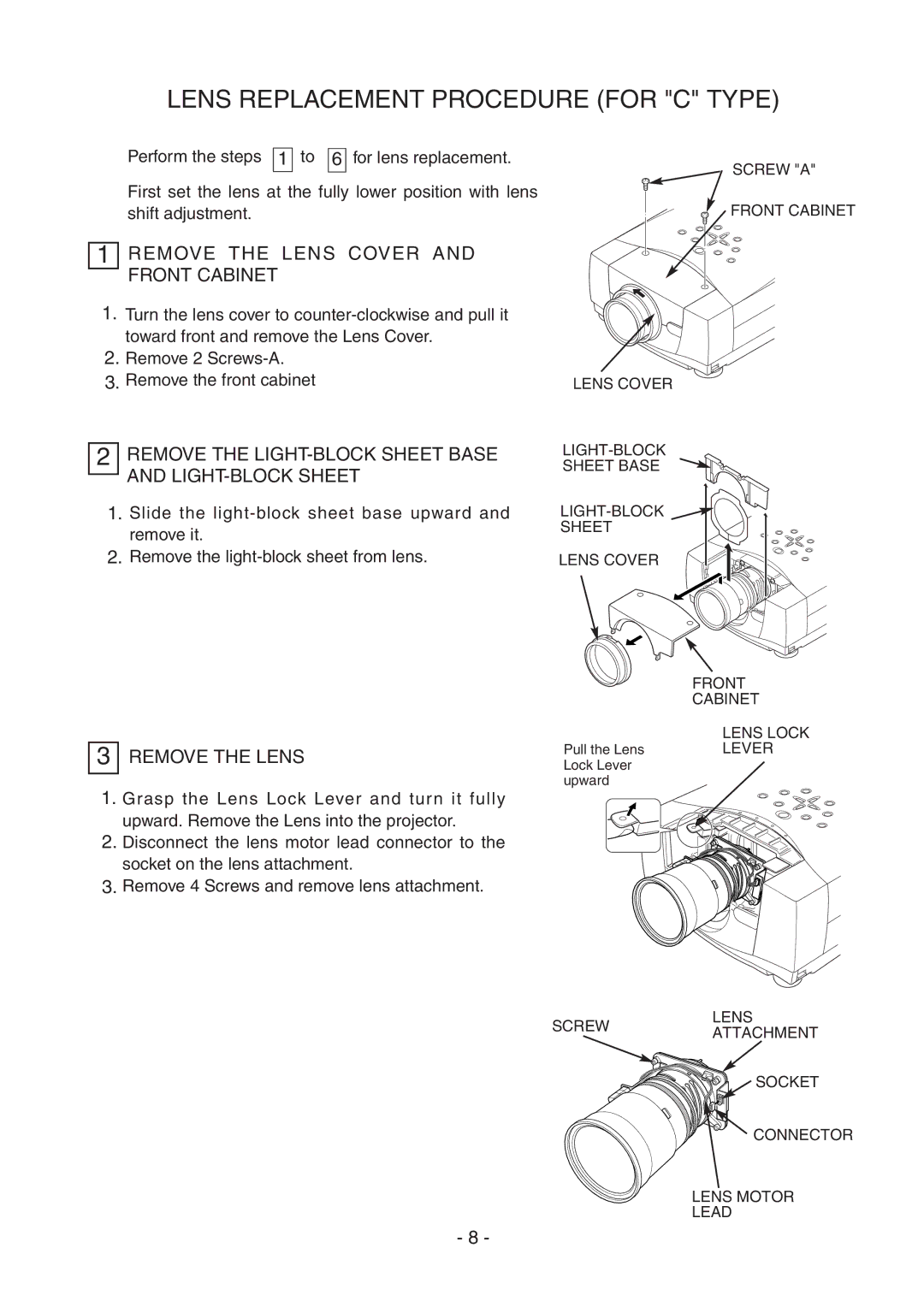 Sanyo LNS-W32 manual Lens Replacement Procedure for C Type, Remove the Lens Cover and Front Cabinet 