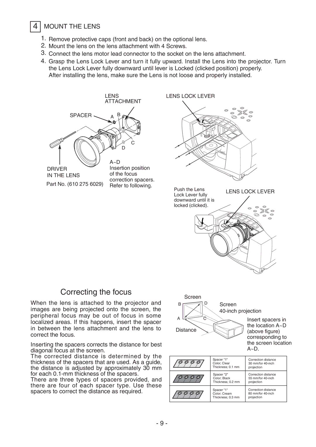 Sanyo LNS-W32 manual Mount the Lens, Lens Lens Lock Lever Attachment Spacer Driver 