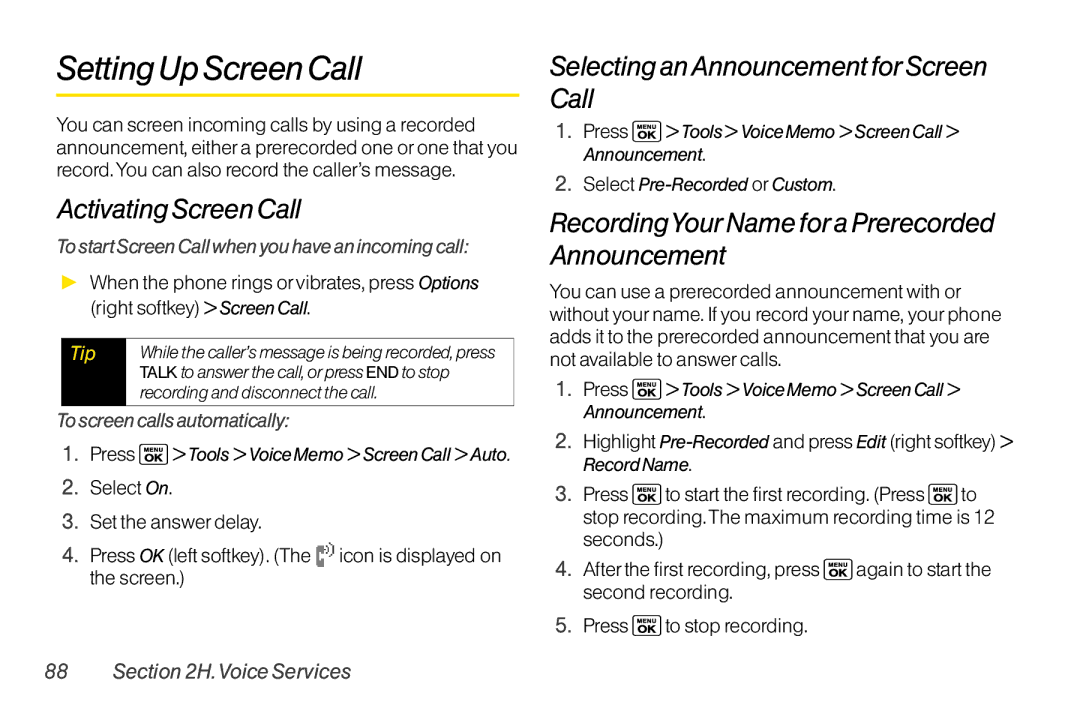 Sanyo LX manual Setting Up Screen Call, Activating Screen Call, Selecting anAnnouncement forScreen Call 