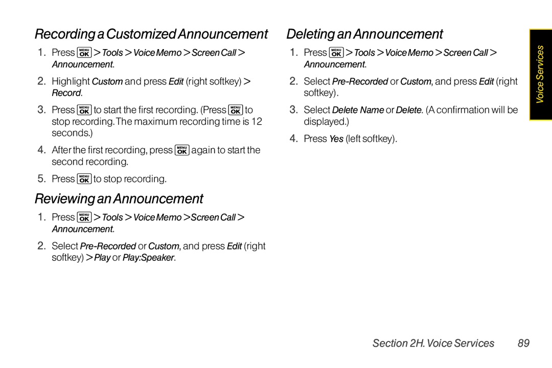 Sanyo LX Recording a CustomizedAnnouncement Deleting anAnnouncement, Reviewing anAnnouncement, Announcement.Announcement 