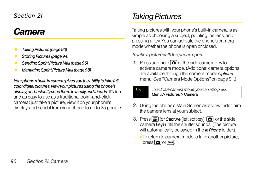 Sanyo LX manual Camera, Taking Pictures, To take a picture with the phone open 