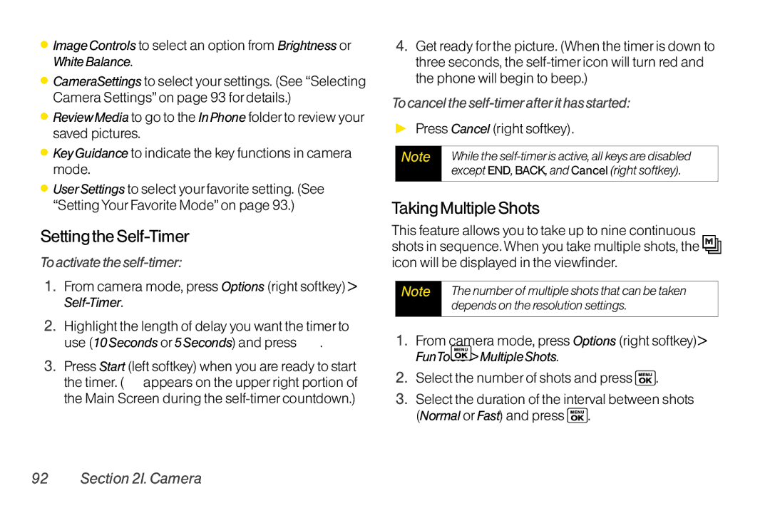 Sanyo LX manual Setting the Self-Timer, Taking Multiple Shots, To activate the self-timer, Press Cancel right softkey 