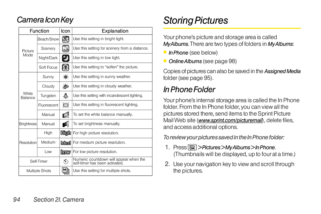 Sanyo LX manual Storing Pictures, Camera Icon Key, Phone Folder, Toreview yourpictures saved in the In Phone folder 