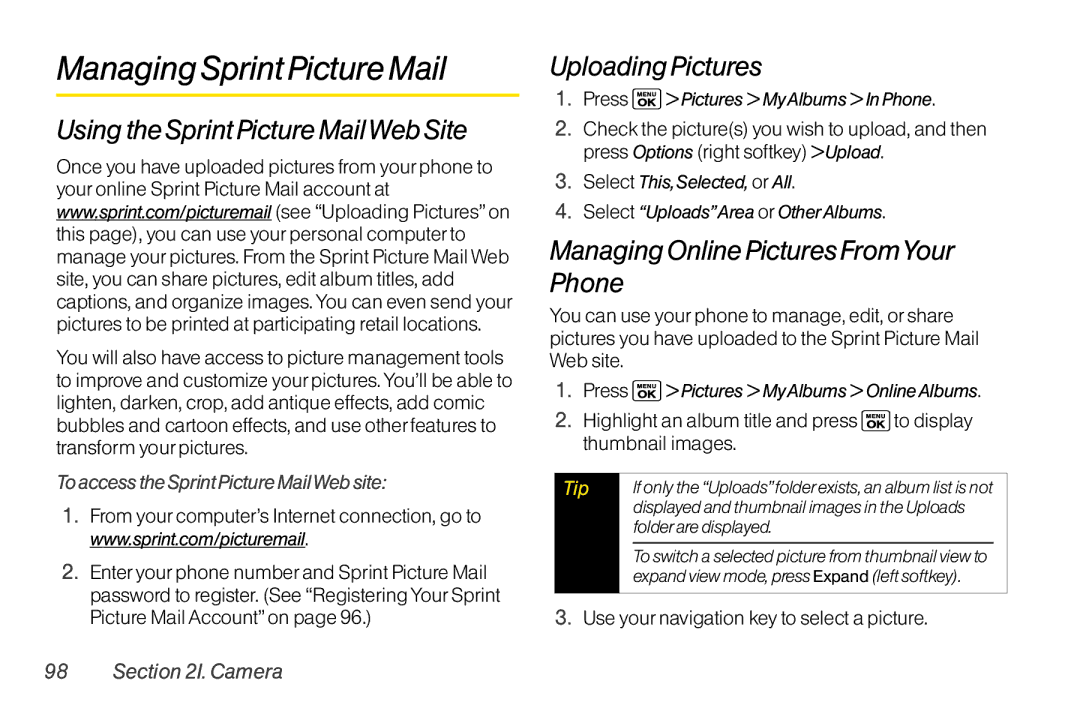 Sanyo LX manual Managing Sprint Picture Mail, Using the Sprint Picture MailWeb Site, Uploading Pictures 