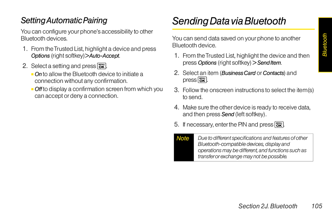 Sanyo LX manual Sending Data via Bluetooth, SettingAutomatic Pairing, Bluetooth 105 