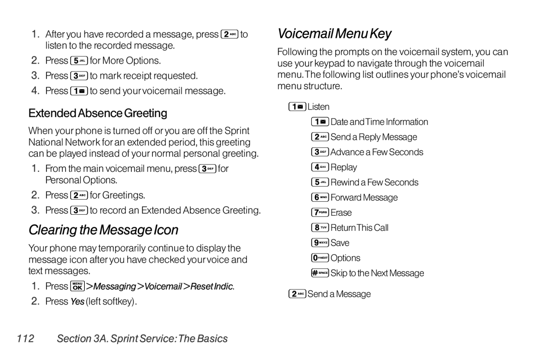 Sanyo LX Clearing the Message Icon, Voicemail Menu Key, Extended Absence Greeting, Press Messaging Voicemail Reset Indic 