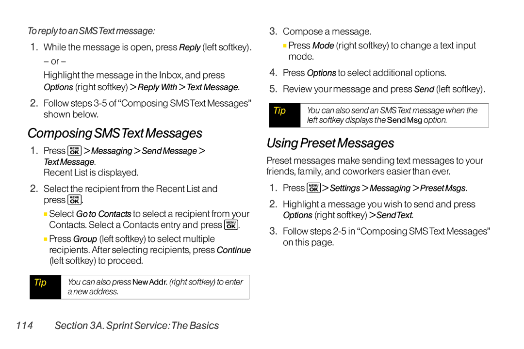 Sanyo LX manual Composing SMSText Messages, Using Preset Messages, To reply to an SMSTextmessage 