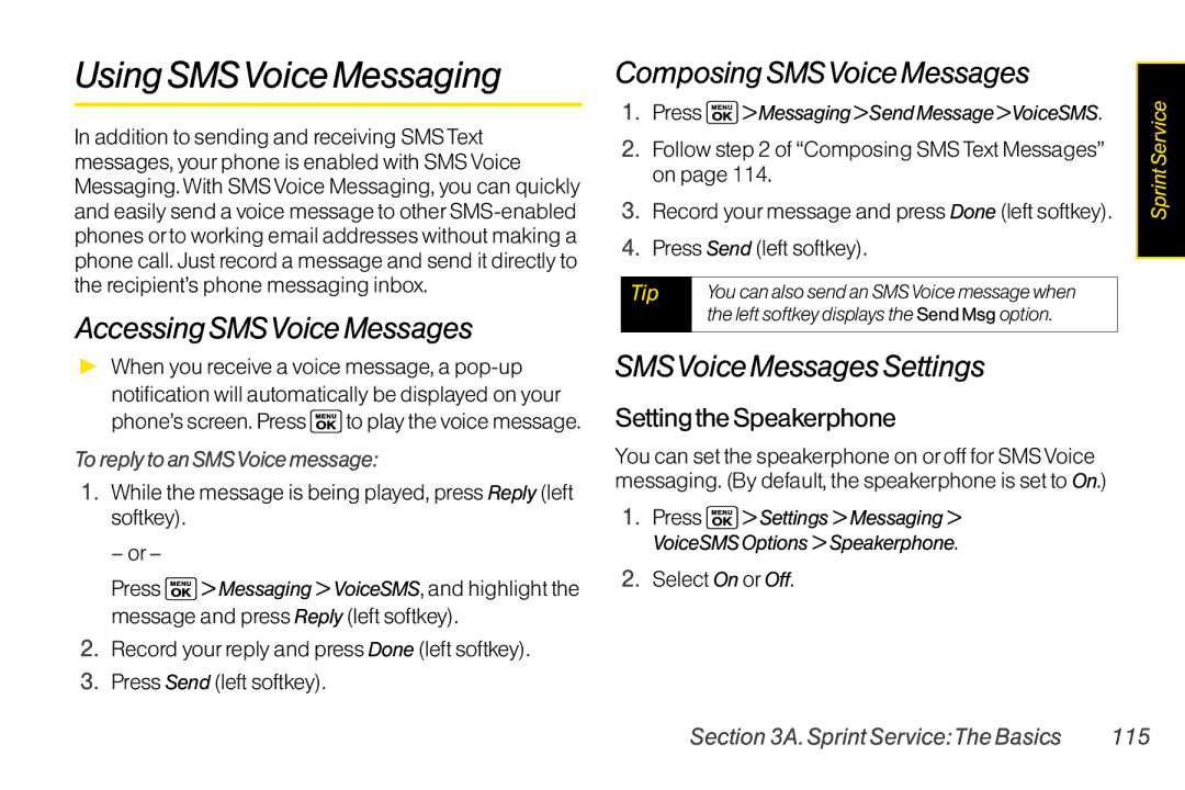 Sanyo LX Using SMSVoice Messaging, Accessing SMSVoice Messages, Composing SMSVoice Messages, SMSVoice Messages Settings 