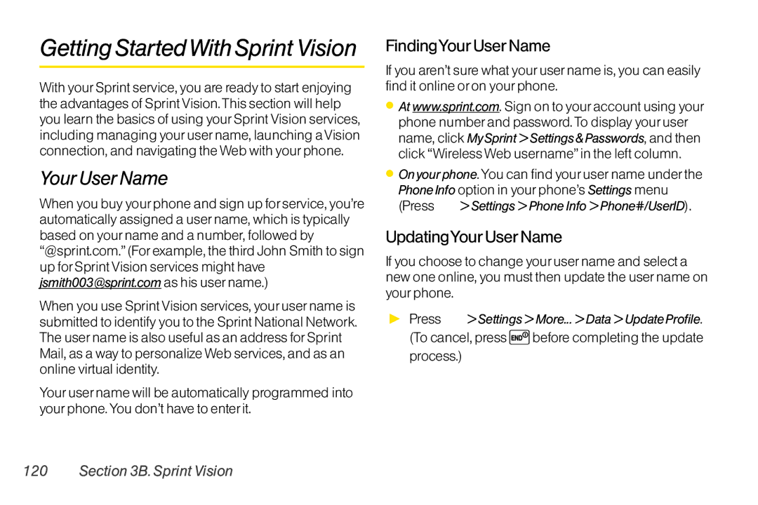 Sanyo LX manual Your User Name, FindingYourUserName, UpdatingYourUserName, Sprint Vision 