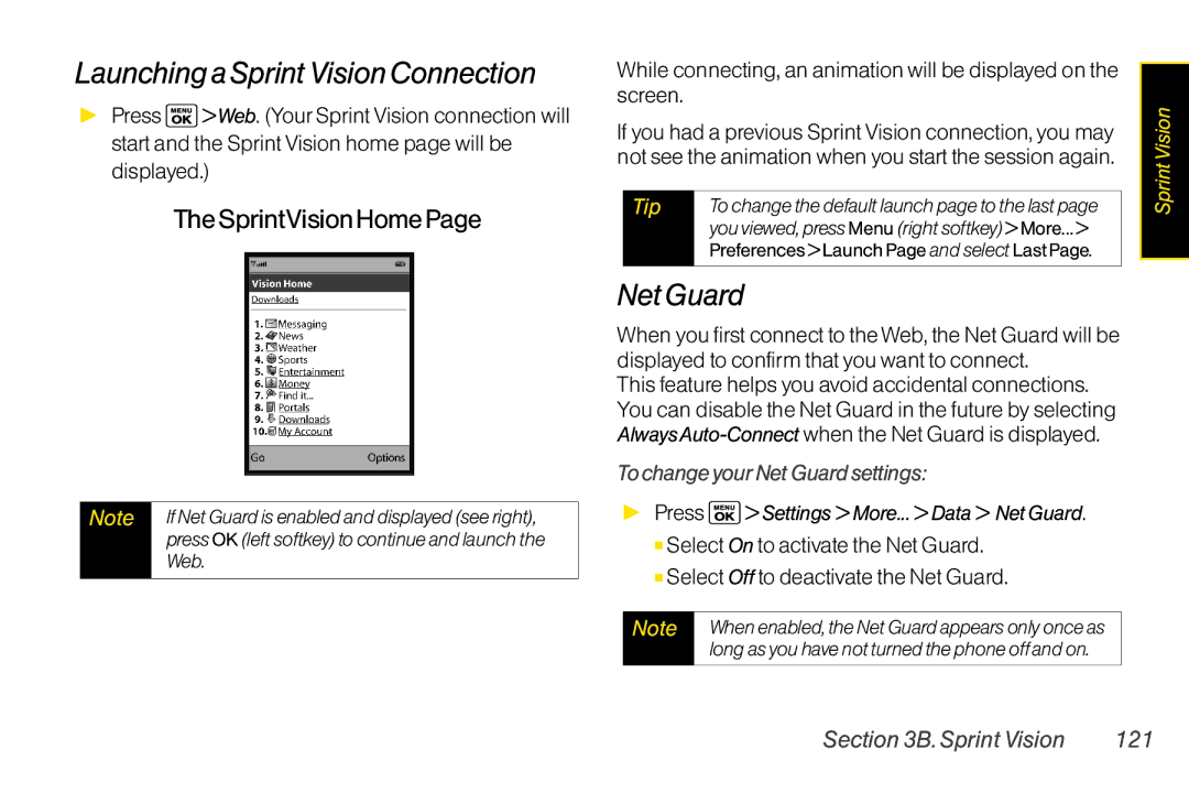 Sanyo LX Launching a Sprint Vision Connection, SprintVision Home, To change your Net Guard settings, Sprint Vision 121 