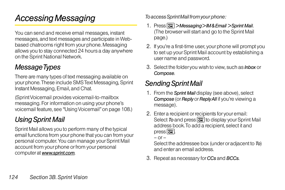 Sanyo LX Accessing Messaging, MessageTypes, Using Sprint Mail, Sending Sprint Mail, To access Sprint Mail from your phone 