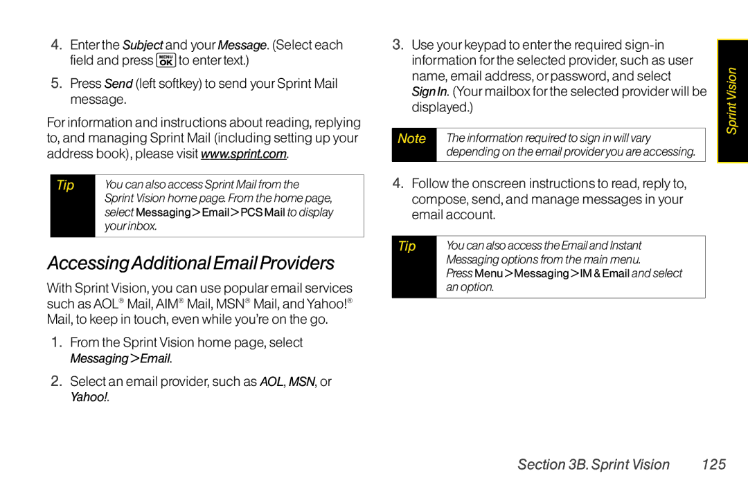 Sanyo LX manual AccessingAdditional Email Providers, Sprint Vision 125 