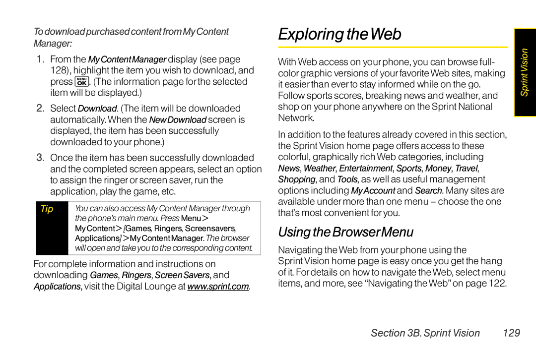 Sanyo LX Exploring theWeb, Using the BrowserMenu, To download purchased content from My Content Manager, Sprint Vision 129 