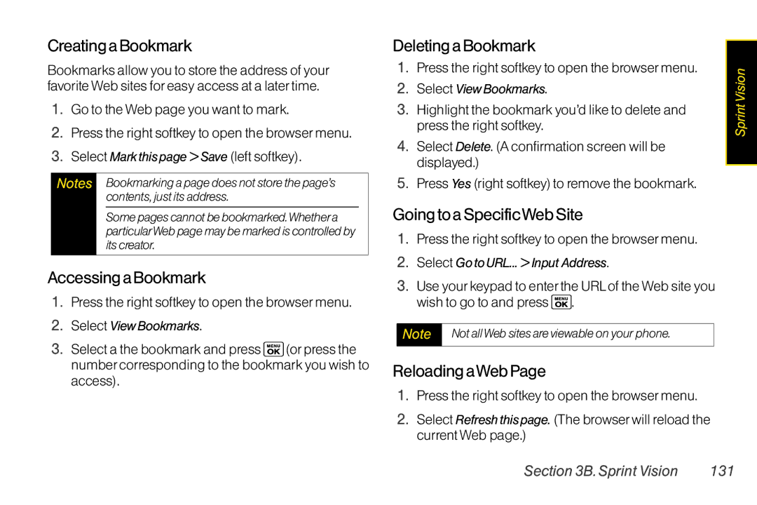 Sanyo LX manual Creating a Bookmark, Accessing a Bookmark, Deleting a Bookmark, Going to a SpecificWeb Site, Reloading aWeb 