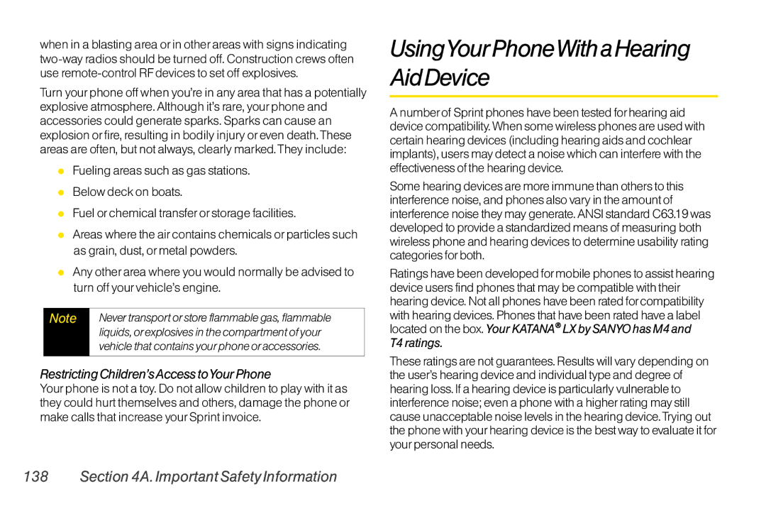 Sanyo LX manual UsingYourPhoneWithaHearing AidDevice, Restricting Children’sAccess toYourPhone 