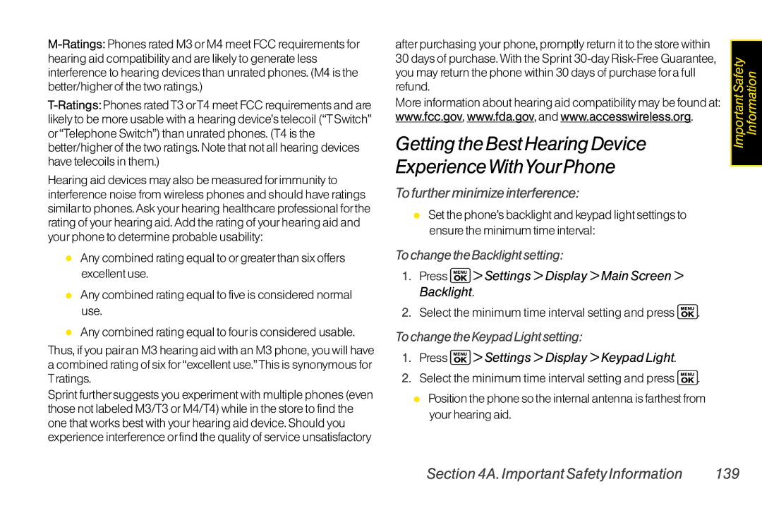 Sanyo LX To further minimize interference, Important Safety Information 139, Press Settings Display Main Screen Backlight 