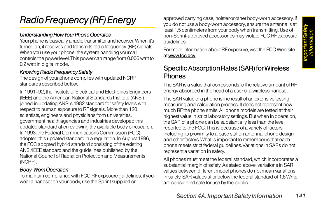 Sanyo LX manual Radio Frequency RFEnergy, Specific Absorption Rates SARforWireless Phones, Important Safety Information 141 