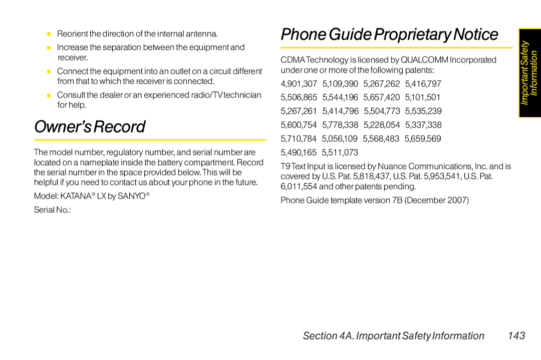 Sanyo LX manual Owner’s Record, Important Safety Information 143 