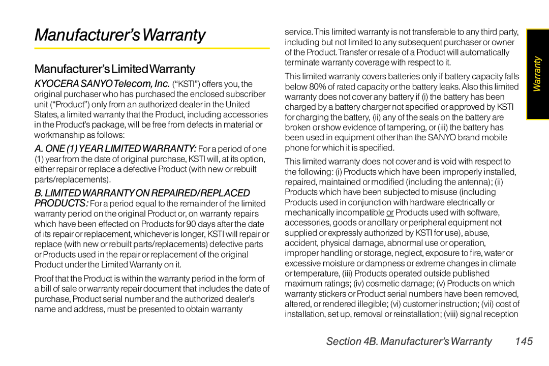 Sanyo LX manual Manufacturer’sWarranty, Manufacturer’s LimitedWarranty, Manufacturer’s Warranty 145 