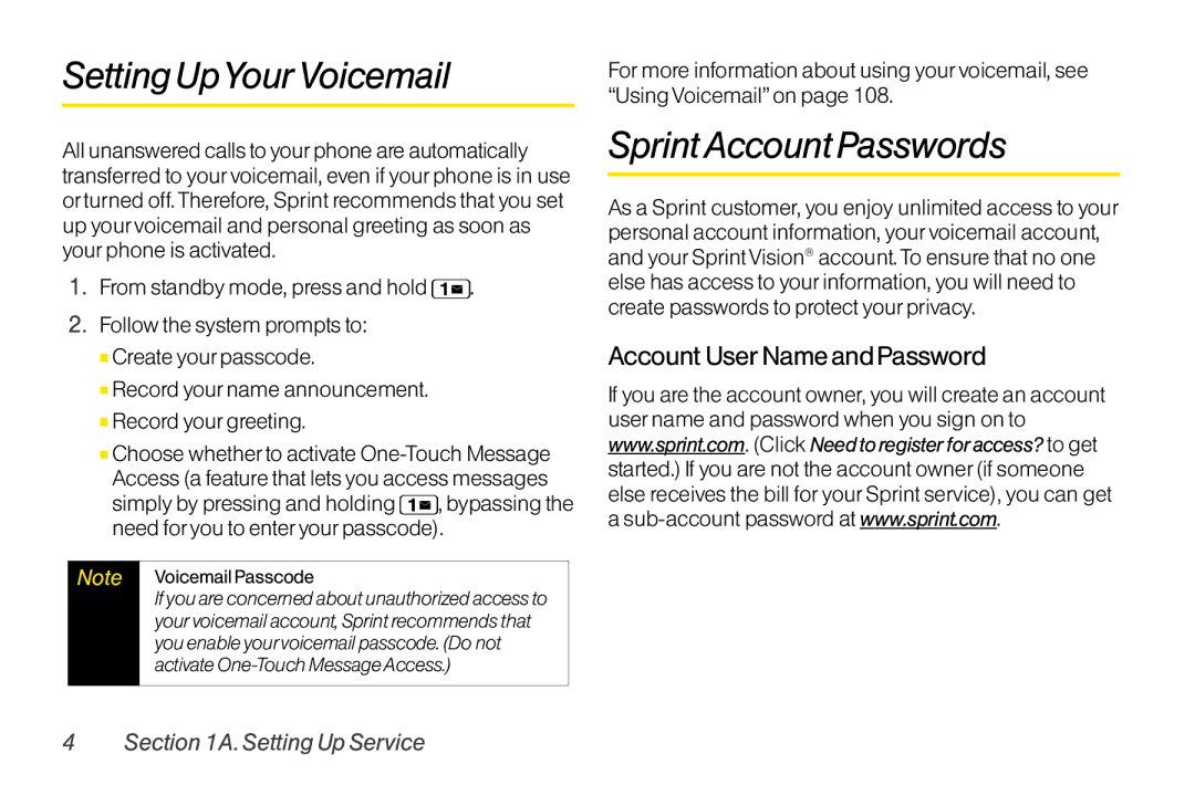 Sanyo LX manual Setting UpYourVoicemail, SprintAccount Passwords, Account User Name and Password 