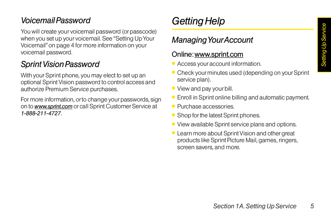 Sanyo LX manual Getting Help, Voicemail Password, Sprint Vision Password, ManagingYourAccount 