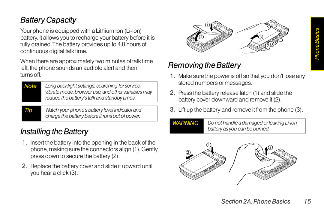 Sanyo LX manual Battery Capacity, Installing the Battery, Removing the Battery 