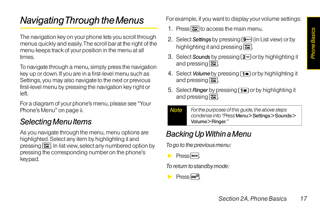 Sanyo LX manual NavigatingThrough the Menus, Selecting Menu Items, Backing UpWithin a Menu, Togo to the previous menu 