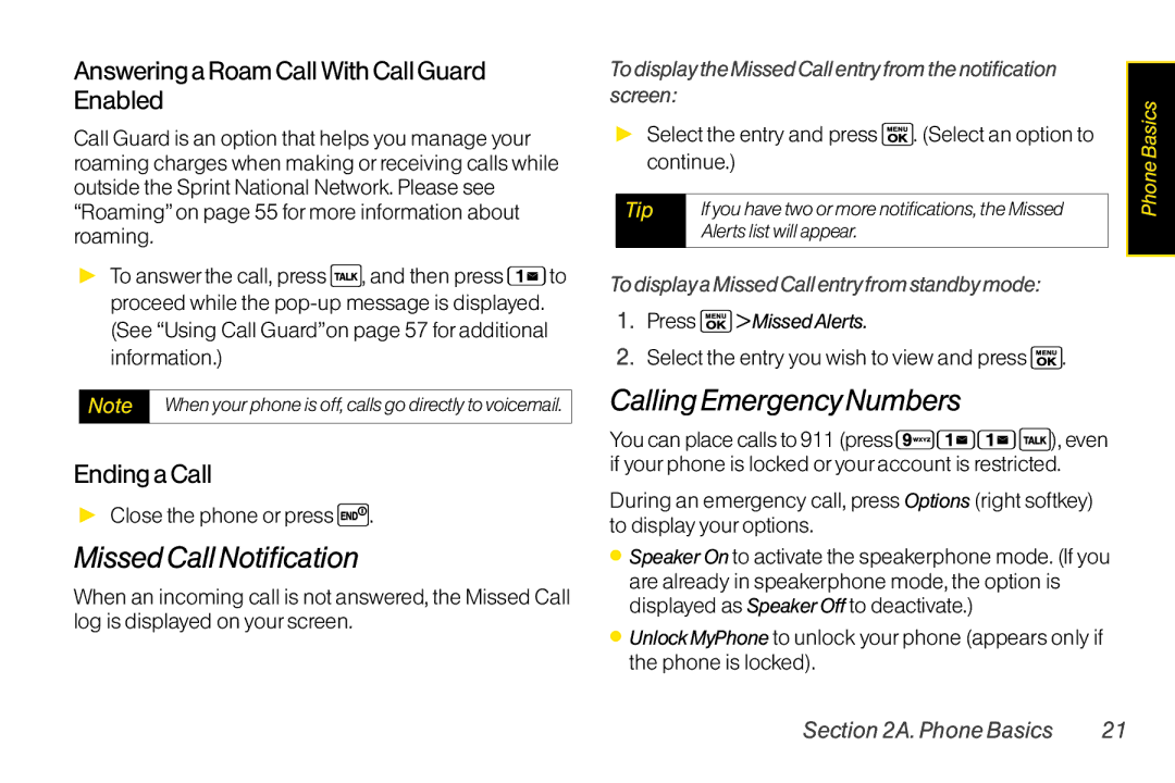 Sanyo LX Missed Call Notification, Calling Emergency Numbers, Answering a Roam Call With Call Guard Enabled, Ending a Call 