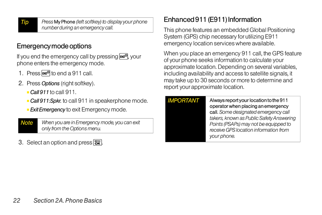 Sanyo LX manual Emergencymode options, Enhanced 911 E911Information, Call 911 to call, Select an option and press 