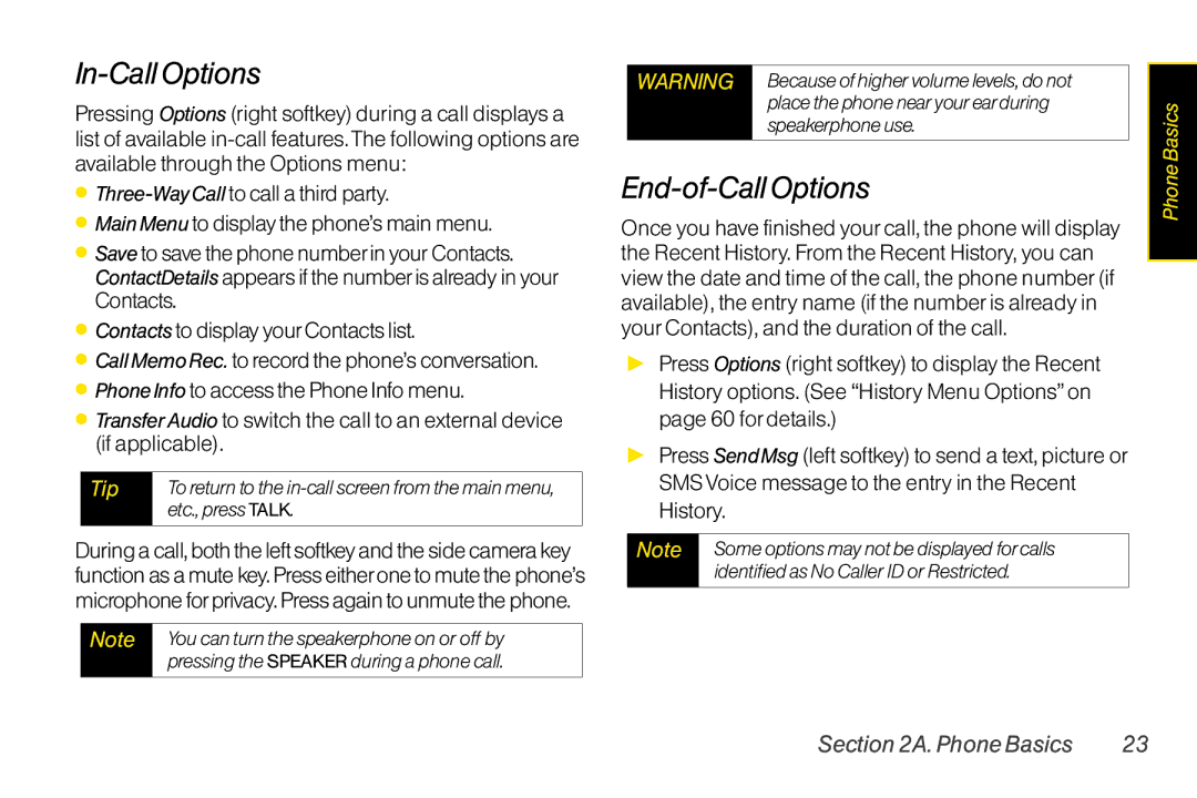 Sanyo LX manual In-Call Options, End-of-Call Options 