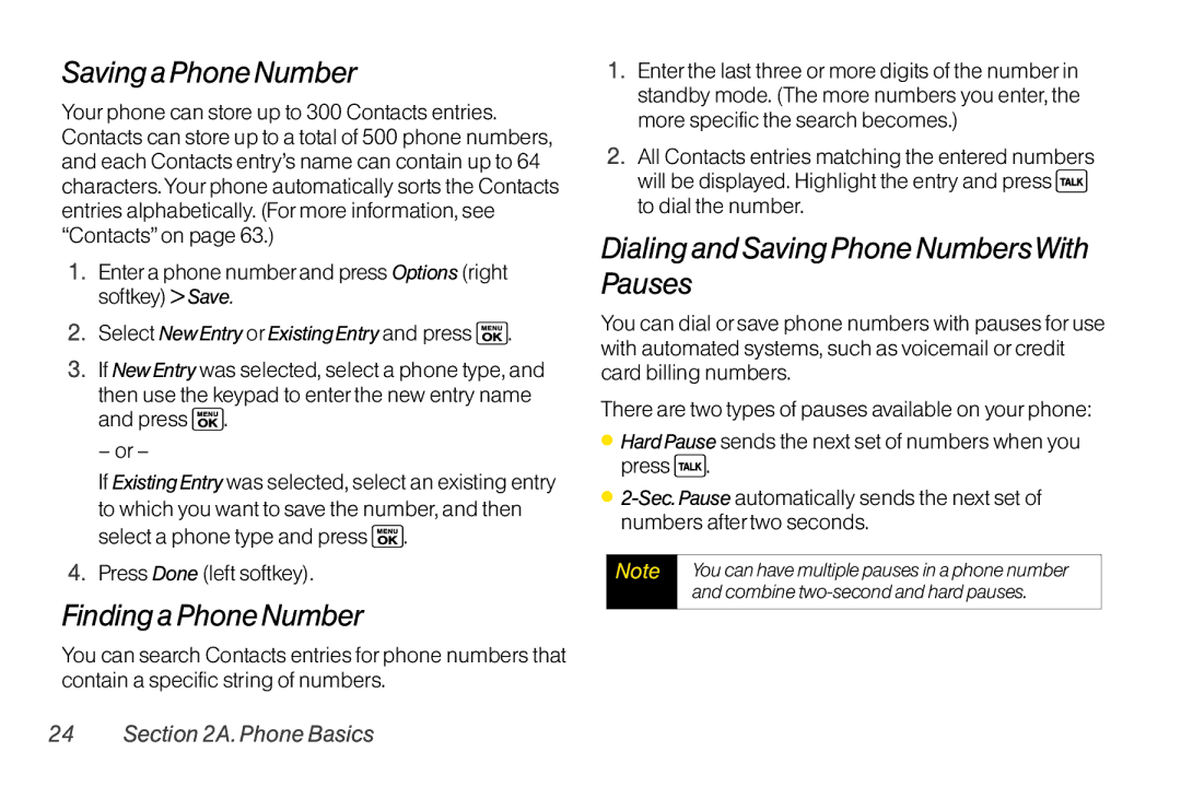 Sanyo LX manual Saving a Phone Number, Finding a Phone Number, Dialing and Saving Phone NumbersWith Pauses 